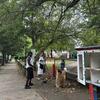 Raking leaf litter outside Cedar Hill playground