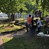 Volunteers working on multiple projects in park
